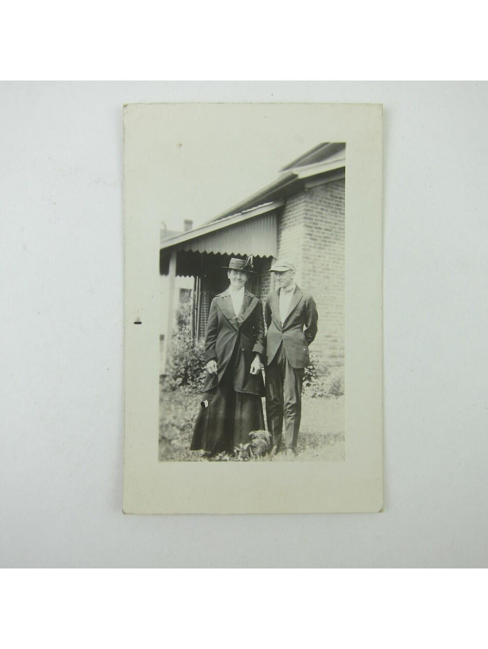 RPPC Photo Postcard Young Man & Woman Glasses Stand Outside House Antique 1910s